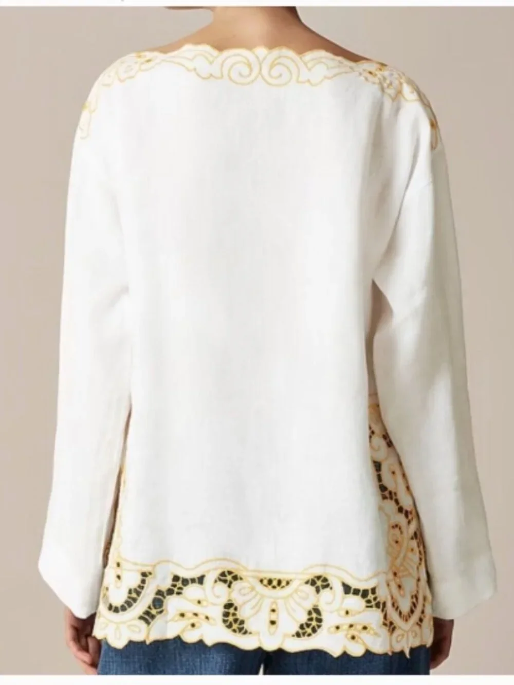J. CREW Cutwork Tunic/Top/Blouse/Shirt Linen White Yellow‎ Embroidered Small